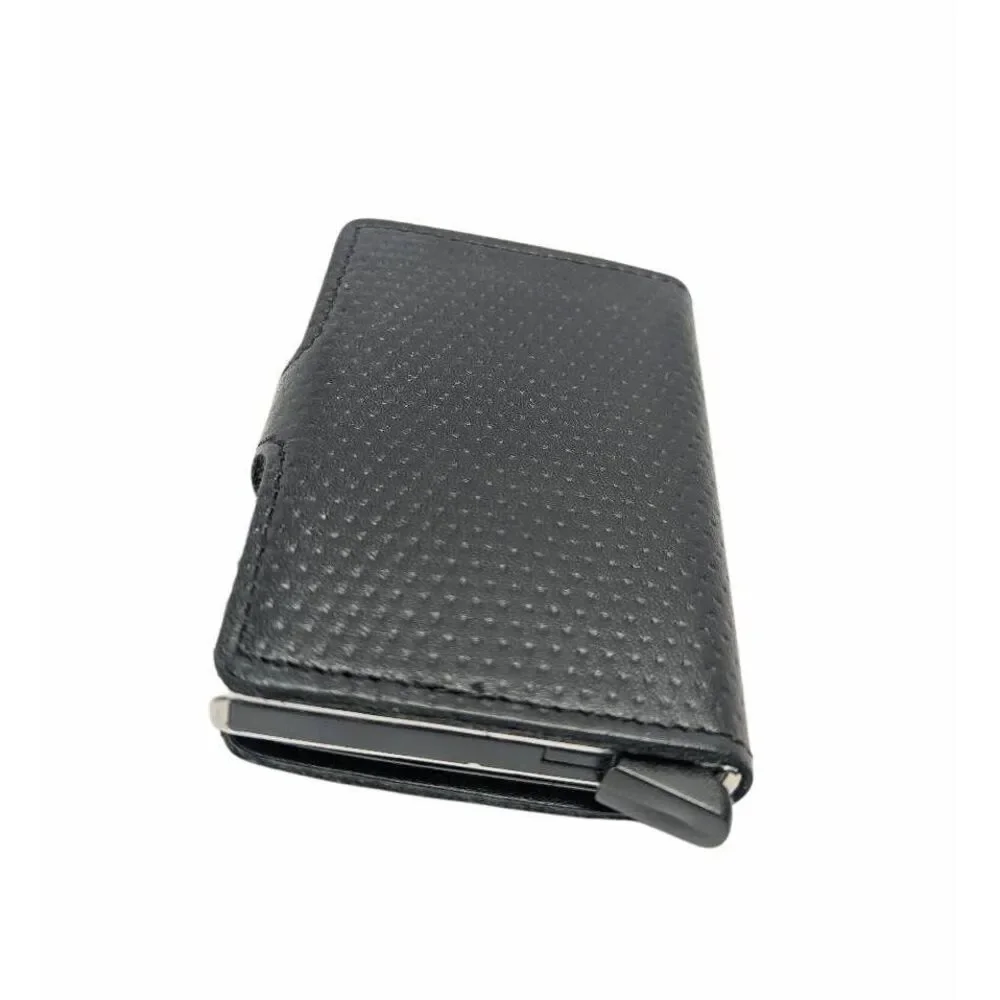 Vertue black & silver popup card button wallet with leather outer case